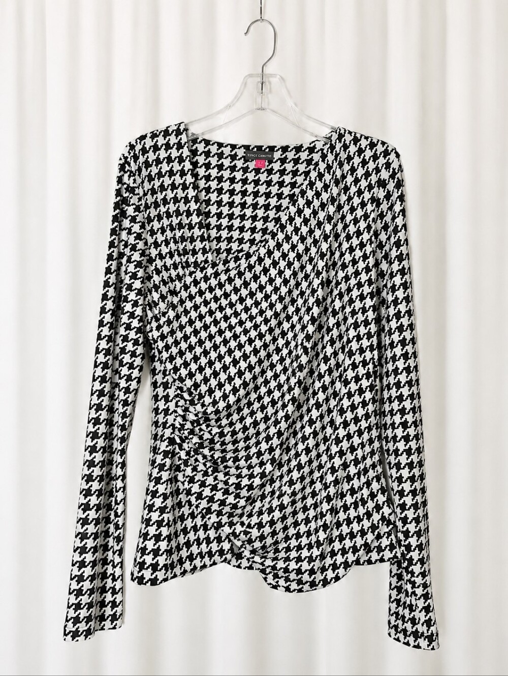 Vince Camuto Black White Houndstooth Ruched Faux Wrap Stretch Knit Career Blouse